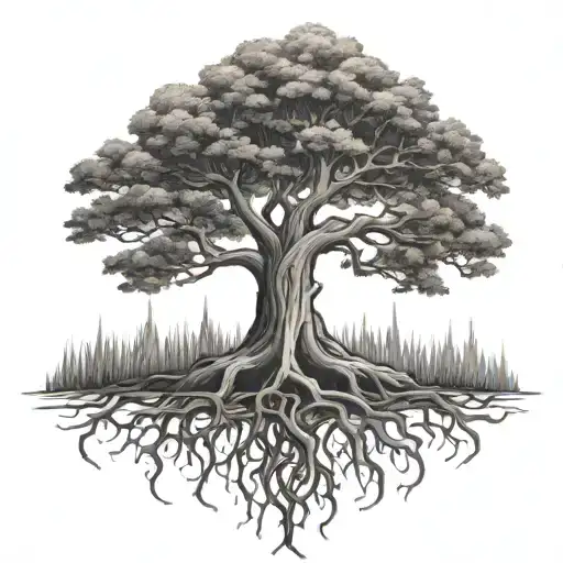 A Black-grey Tattoo Of A Majestic Tree With Roots Reaching Into A Campfire
