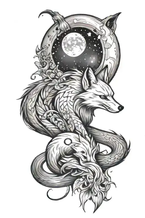 2 9 Tailed Foxs Under A Crescent Moon Shining