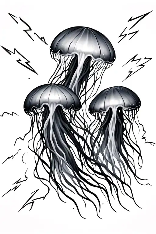 Two Jellyfish Floating With Lightning Bolts In The Background