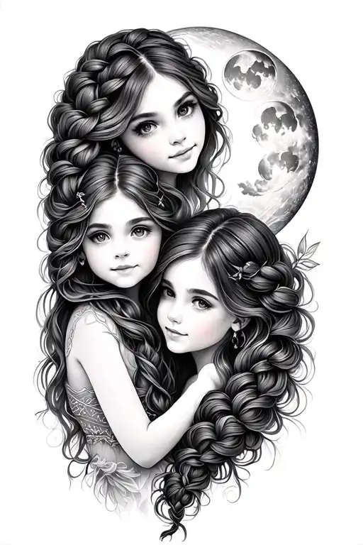 Mother & 2 Daughters With Their Hair Woven Together In One Braid Looking 13 Moons
