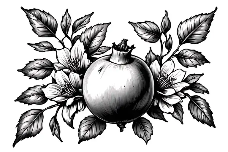 Flower And Leaf Half Sleeve With Pomegranate Fruit In Black