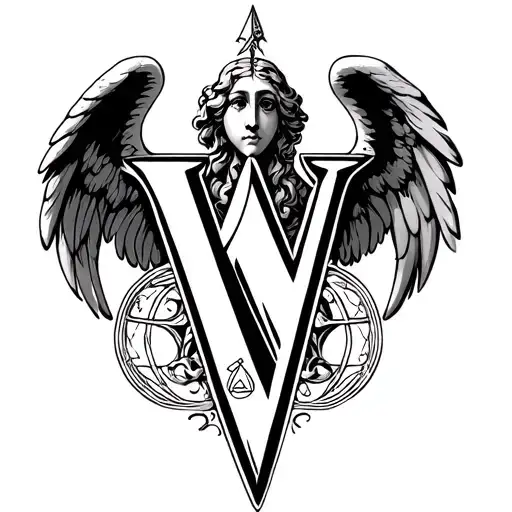 Fancy Letter V With Angel Faces And Symbols Within The Letter V