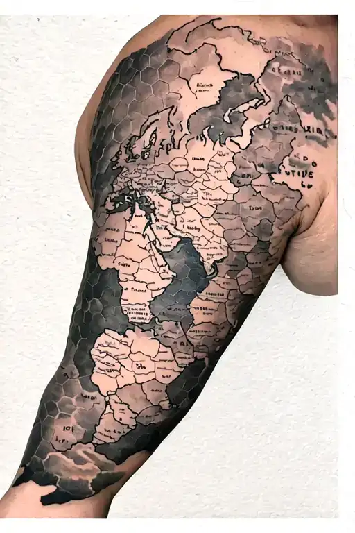 A Hexagon Sleeve Tattoo Filled With Different Countries