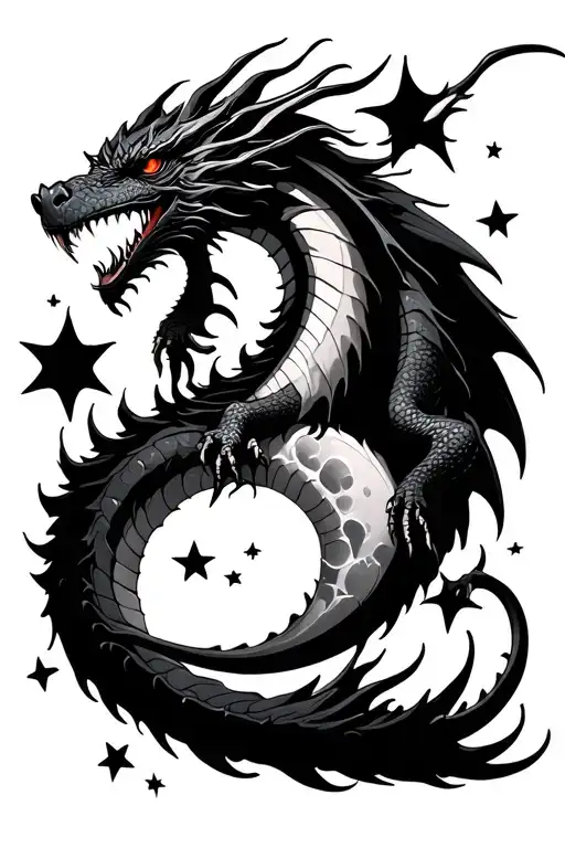 Dragon Behind Moon Surrounded By Stars