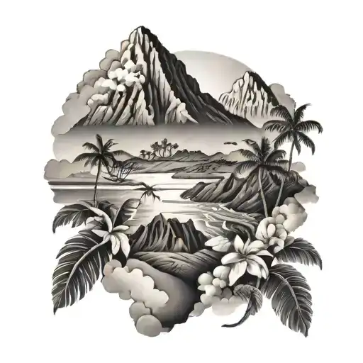 A Black And Grey Tattoo Of A Hawaiian Landscape With Art-inspired Details