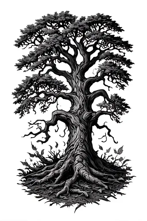 Spooky Oak Tree Growing In Fall Leaves And Trees