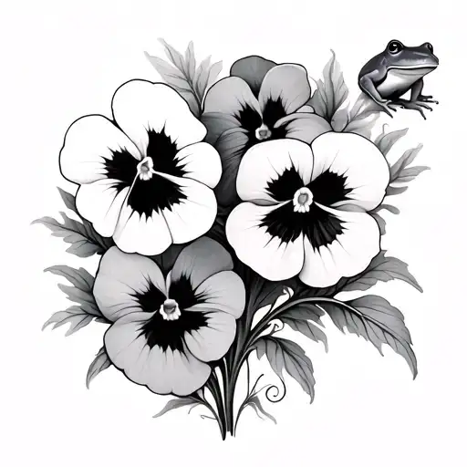 5 Big And Small Pansy Flowers With A Small Frog Incorporated Into One Of The Flowers
