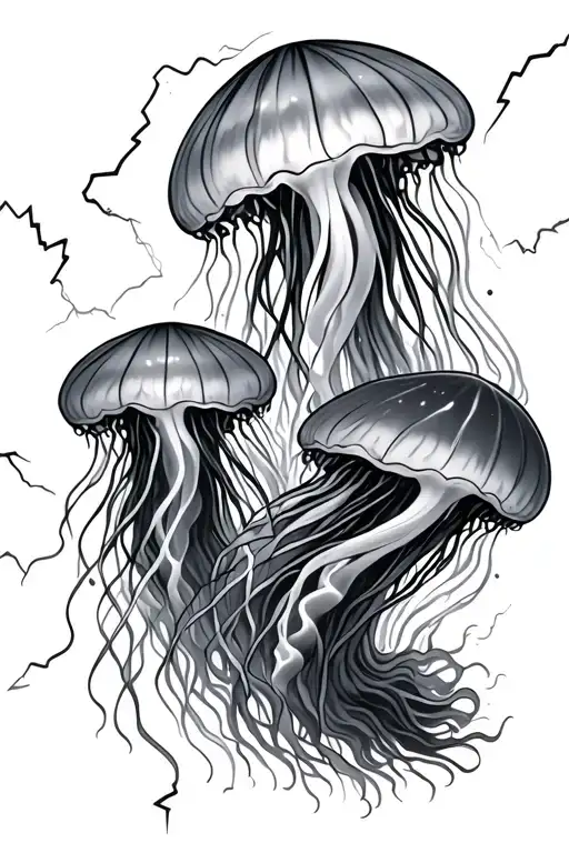 Two Jellyfish Floating With Lightning Bolts In The Background