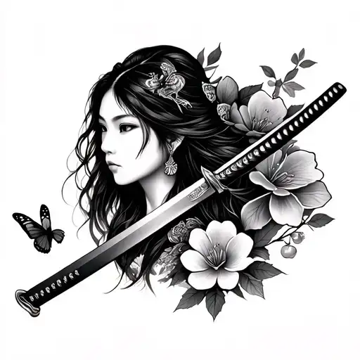 Samurai Woman Katana Cherry Flower With Butterfly