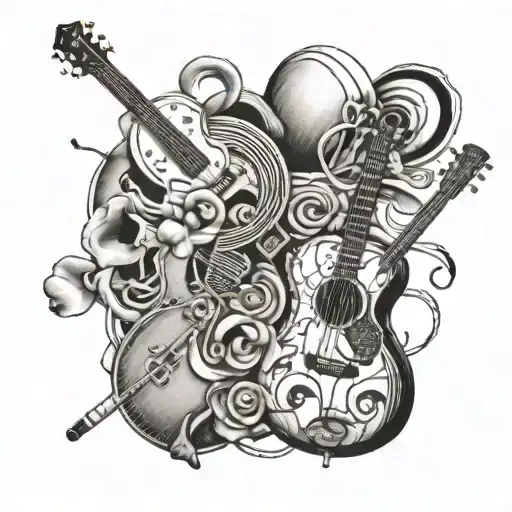 A Collage Of Different Musical Instruments Intertwined With Dog Paw Prints