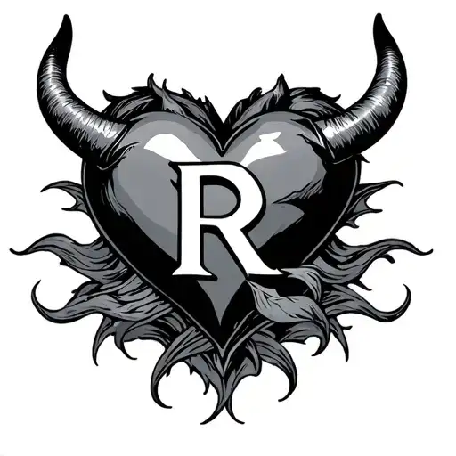 Devil Horn Heart With Initial R