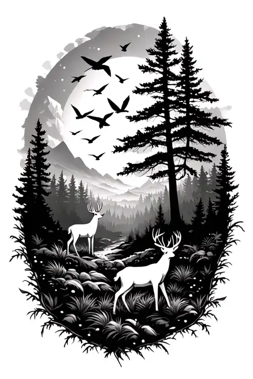 Forest Scene Featuring Deer And Birds Flying Away