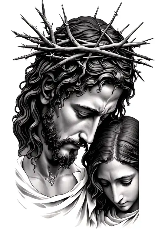 Jesus Chirst Facing Down With Thorns On His Head And Mary At The Bottom Half