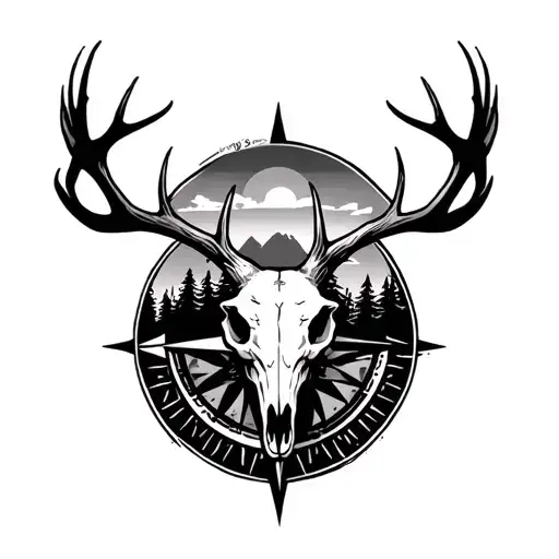 A Detailed Forest With A Deer Skull With A Sunset Depicted By A Compass