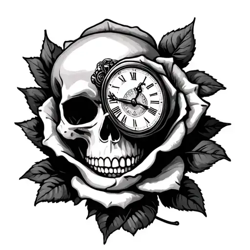 Skull And Clock Inside A Rose