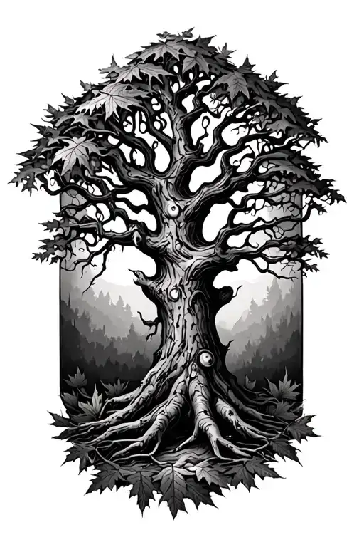 Spooky Tree Growing In Fall Leaves And Trees