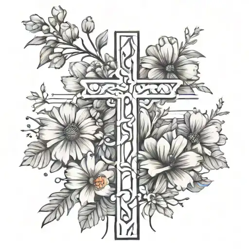Straight Line Cross With Simple Wild Flowers