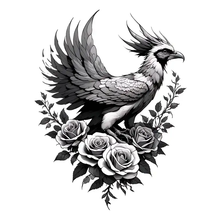 A Phoenix Surrounded By Roses Intertwined