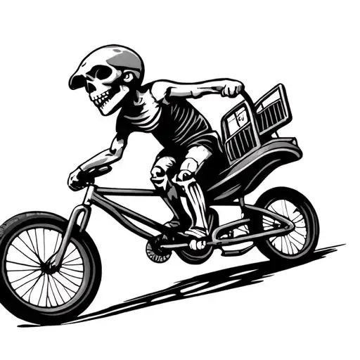 Little Kid On Bmx Bike Getting Passed By A Skeleton Driving A Car