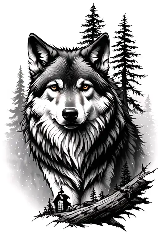 Wolf And Nature Elements Like Trees