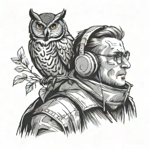 A Black And Grey Sketch Of A Therapist Listening To Music With An Owl Perched On Their Shoulder