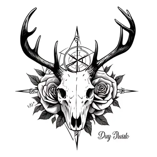 Deer Skull With Rose And Compass Rose Intertwined
