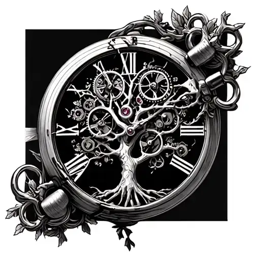 Tree Of Life Branching Into A Broken Pocket Watch Mechanism Intertwined