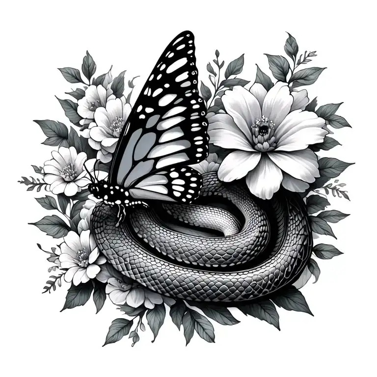 Butterfly And Floweres And Snake