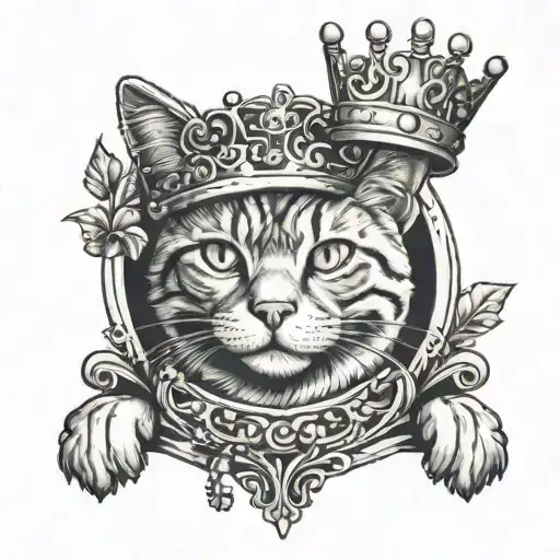 A Tattoo Design Of A Cat Wearing A Crown And Sitting On A Throne In A Black-grey Style