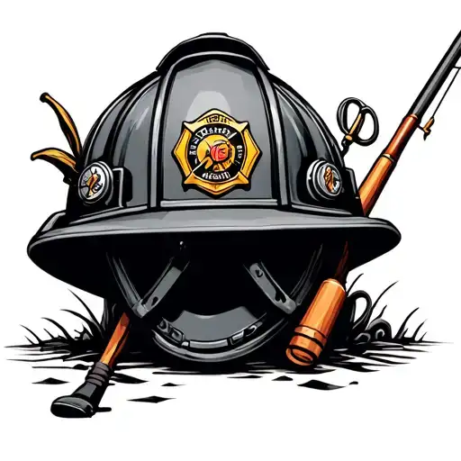 Firefighters Helmet With Fishing Rod Leaning Against It