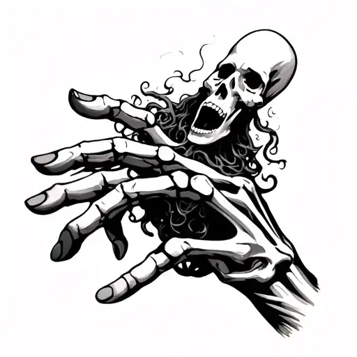 A 4 Year Old Crying Medusa Reaching Up Towards A Skeleton Hand