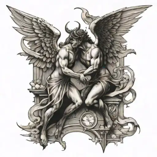 Angel Vs Demon In Flight Fighting Each Other Gothic Architecture