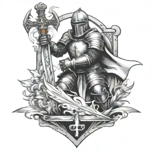Knight Holding Flaming Sword Kneeling At Cross