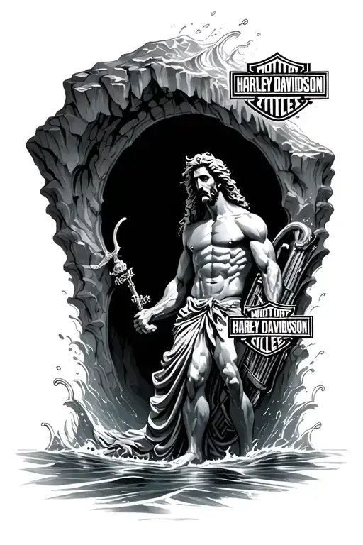 Poseidon With Underwater Cave And Harley Davidson Symbol