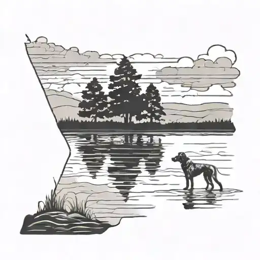A Serene Lake Scene With A Silhouette Of A Great Dane And A Goldendoodle Playing By The Water