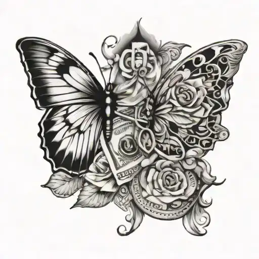A Fashion-forward Tattoo Design With A Money Motif And Butterflies Intertwined