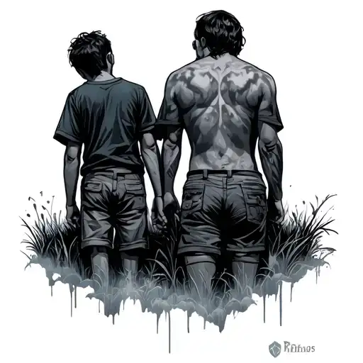 The Man And Son Go By The Hand In An Unknown Direction