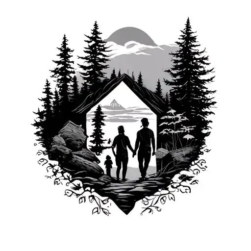 A Tattoo Depicting Family And Nature Scenes Intertwined With No People