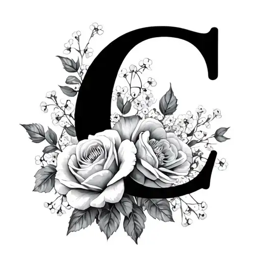Initial C Surrounded With Wild Roses And Babys Breath Flowers