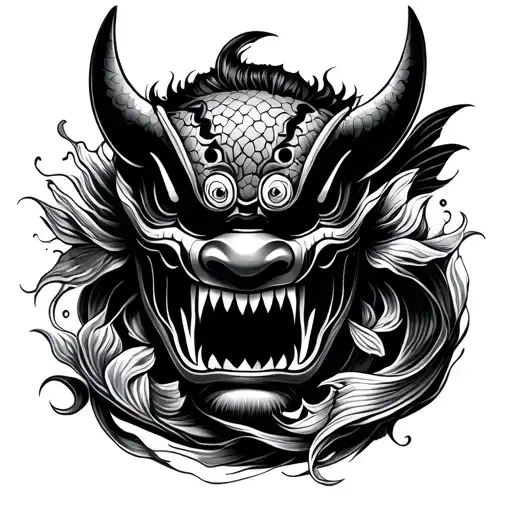 Japanese Oni Mask With Koi Fish Swimming