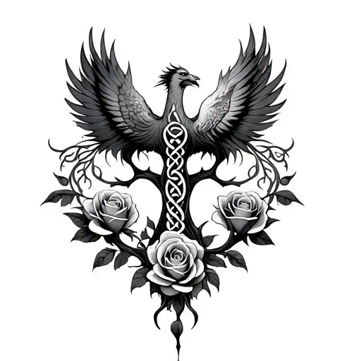 Celtic Tree Of Life With Rose And Phoenix On The Either Side