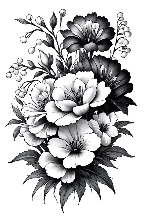 Carnation And Lily Of The Valley And Gladiolus And Marigold And Cosmos And Peony Flowers