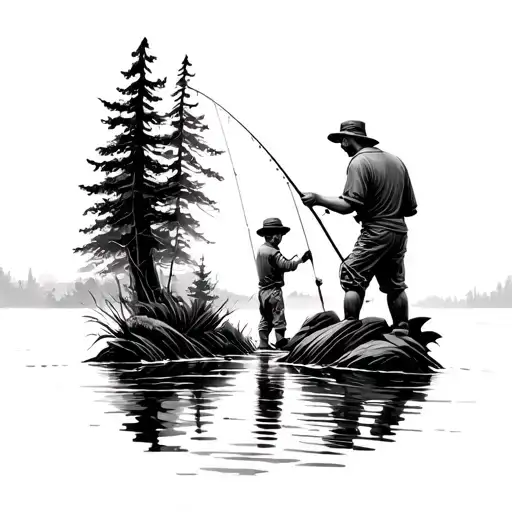 A Creek With 2 Guys Fishing A A Little Boy Fishing