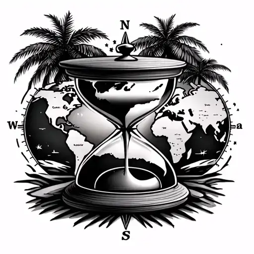Hourglass With Compass On The Background Of The World Map And Palm Trees Above The Compass