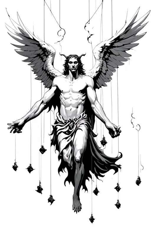 Lucifer As A Demonic Angel Connected To Puppet Strings Falling From The Heavens