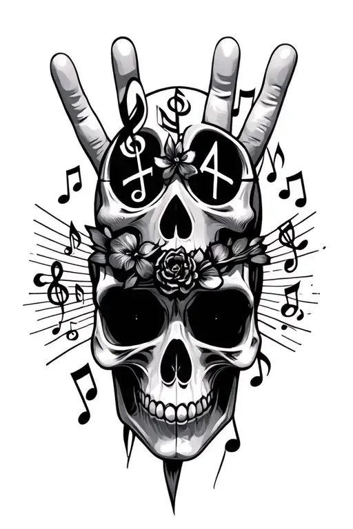 Goth Skull With Music Notes And Peace Sign