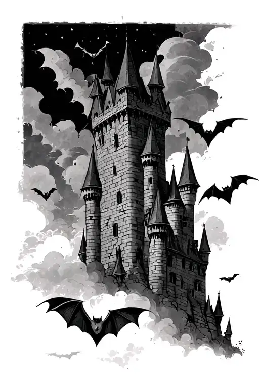 Castle Tower Dark Clouds Upside Down Bats