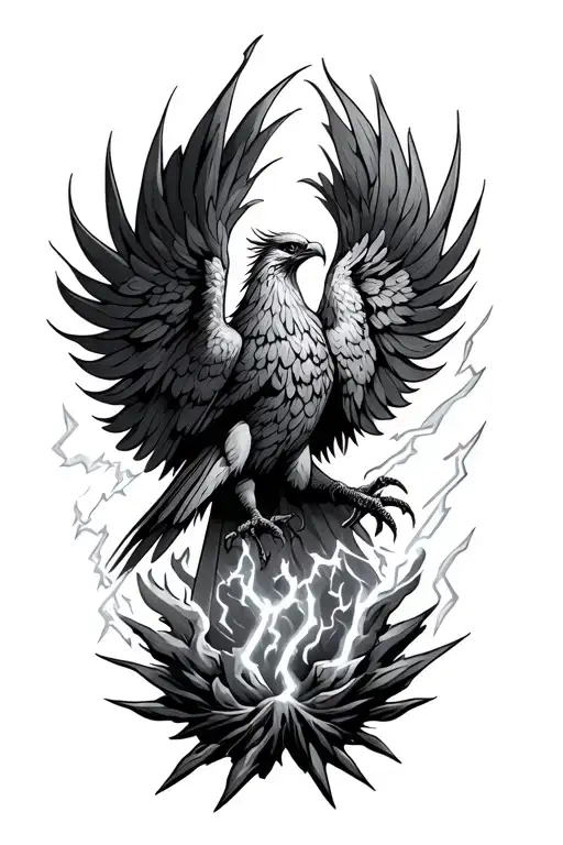 Phoenix Rising From The Ashes With Lightening Bolts Around It