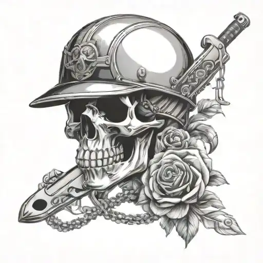 Skull Wearing Helmet With Knife And Gun With Rose And Have Chain