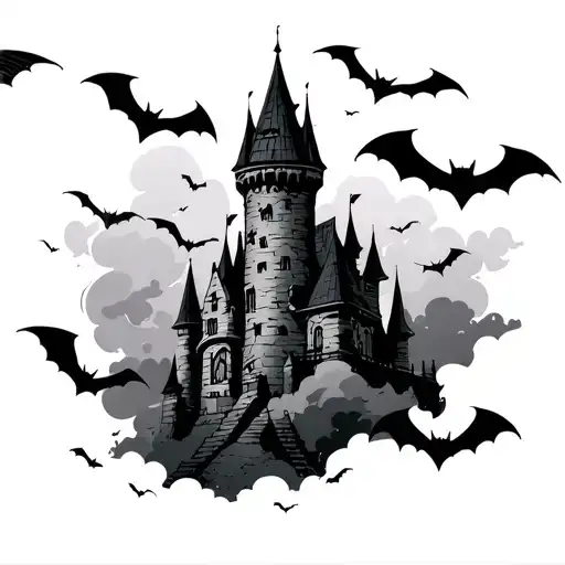 Castle Tower Dark Clouds Bats Flying